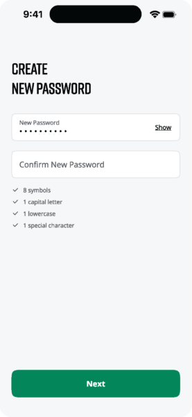 Cinq App Create New Password Screen