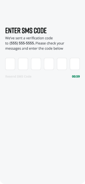 Cinq App Enter SMS Code screen